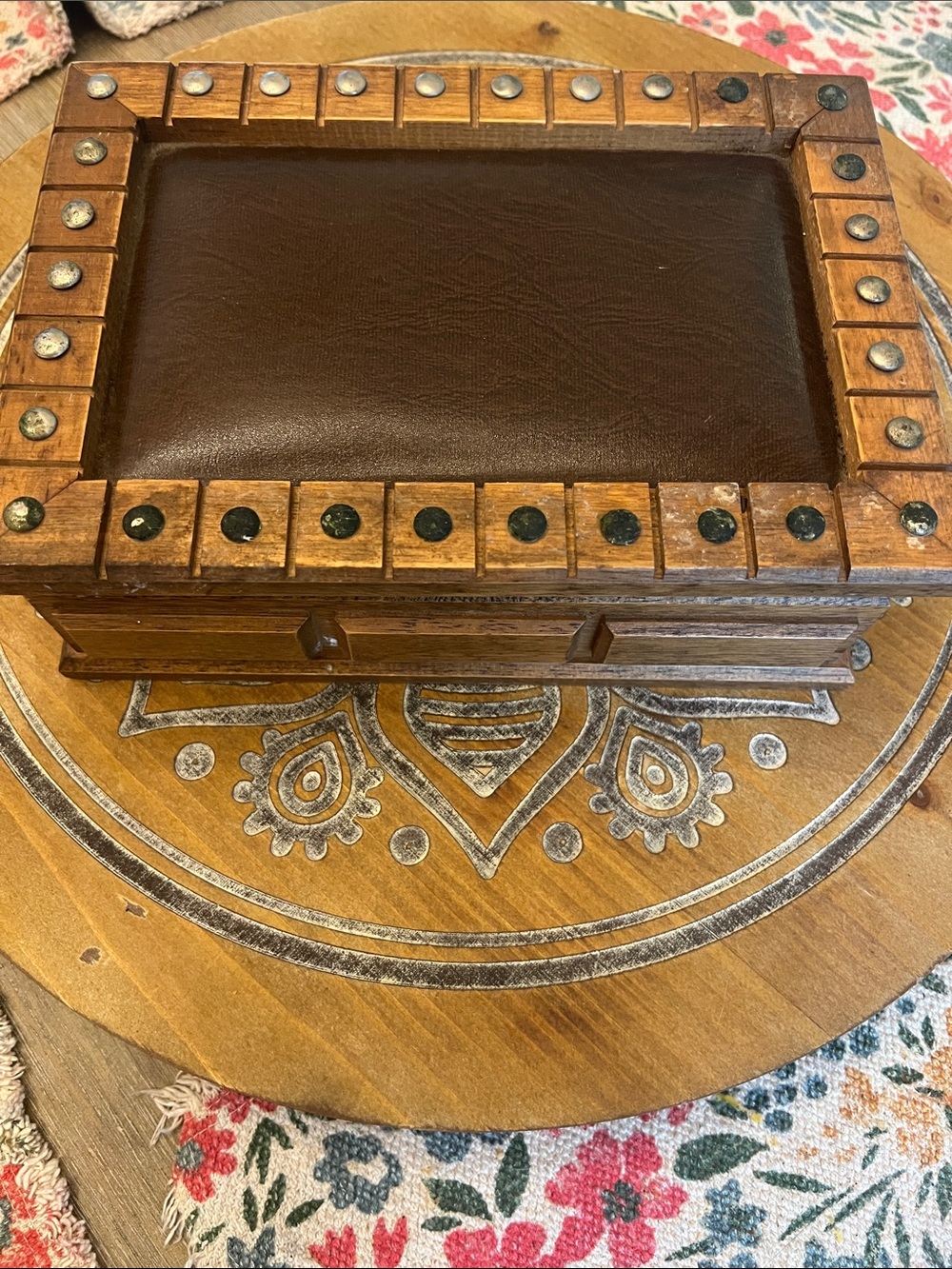 1970’s Wood with leather top and studded design with felt lined jewelry box.
